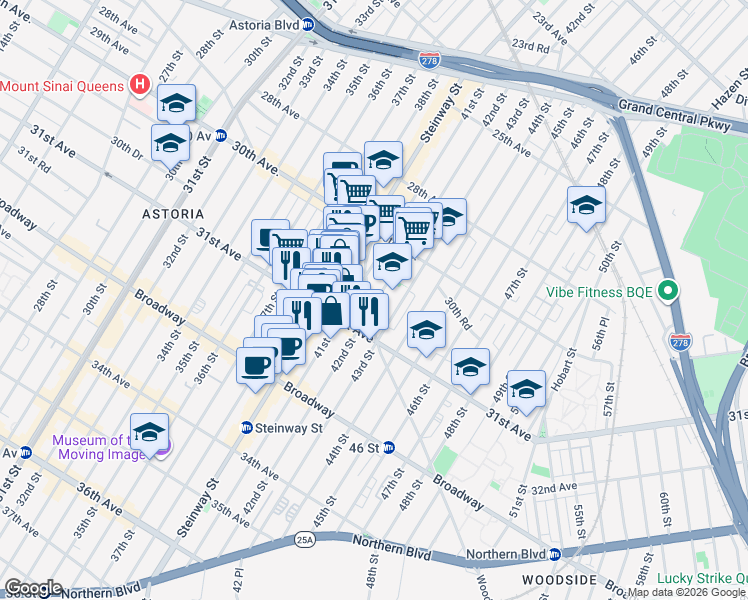 map of restaurants, bars, coffee shops, grocery stores, and more near 41-27 Newtown Road in Queens