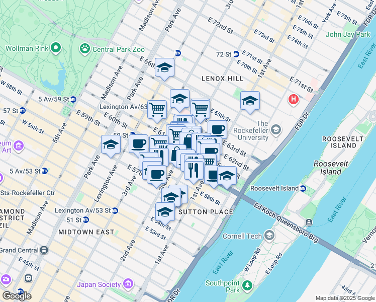 map of restaurants, bars, coffee shops, grocery stores, and more near 300 East 61st Street in New York
