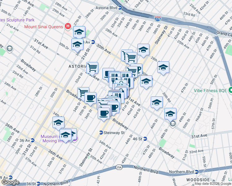 map of restaurants, bars, coffee shops, grocery stores, and more near 31-06 38th Street in Queens