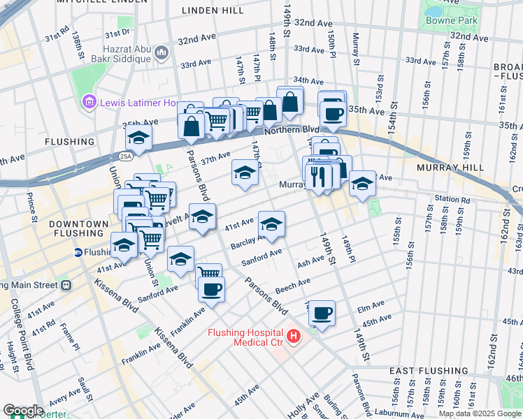 map of restaurants, bars, coffee shops, grocery stores, and more near 144-62 41st Avenue in Queens