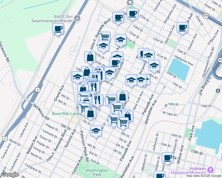 map of restaurants, bars, coffee shops, grocery stores, and more near 1215 Central Avenue in Union City