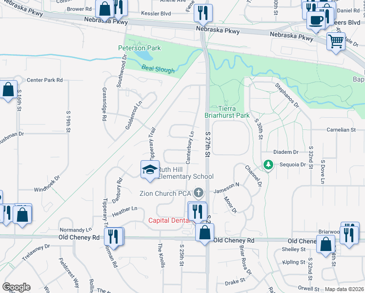 map of restaurants, bars, coffee shops, grocery stores, and more near 2520 Winchester North in Lincoln