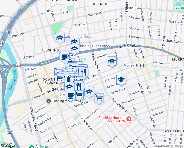 map of restaurants, bars, coffee shops, grocery stores, and more near 143-8 Roosevelt Avenue in Queens