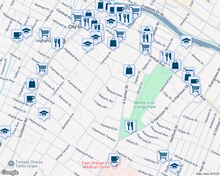 map of restaurants, bars, coffee shops, grocery stores, and more near 273 Highland Avenue in City of Orange