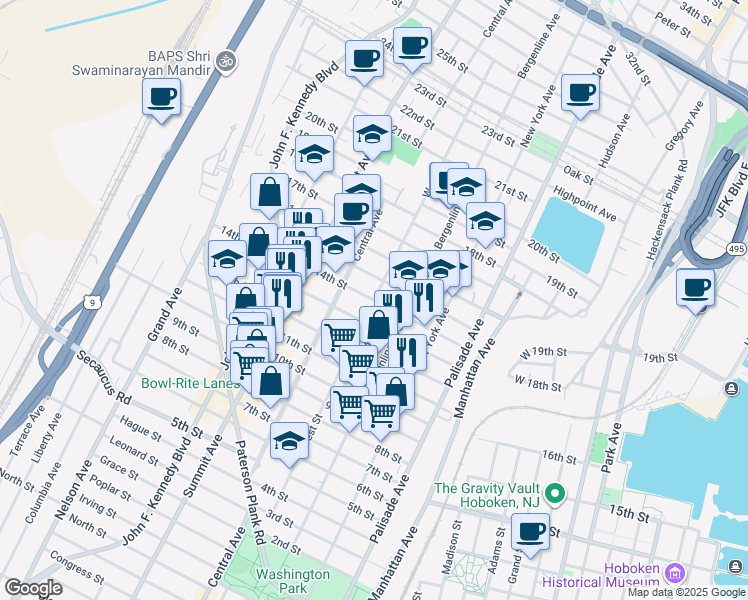 map of restaurants, bars, coffee shops, grocery stores, and more near 613 13th Street in Union City