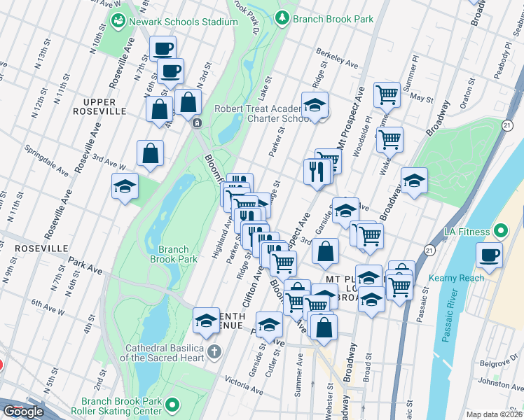 map of restaurants, bars, coffee shops, grocery stores, and more near 312 Clifton Avenue in Newark