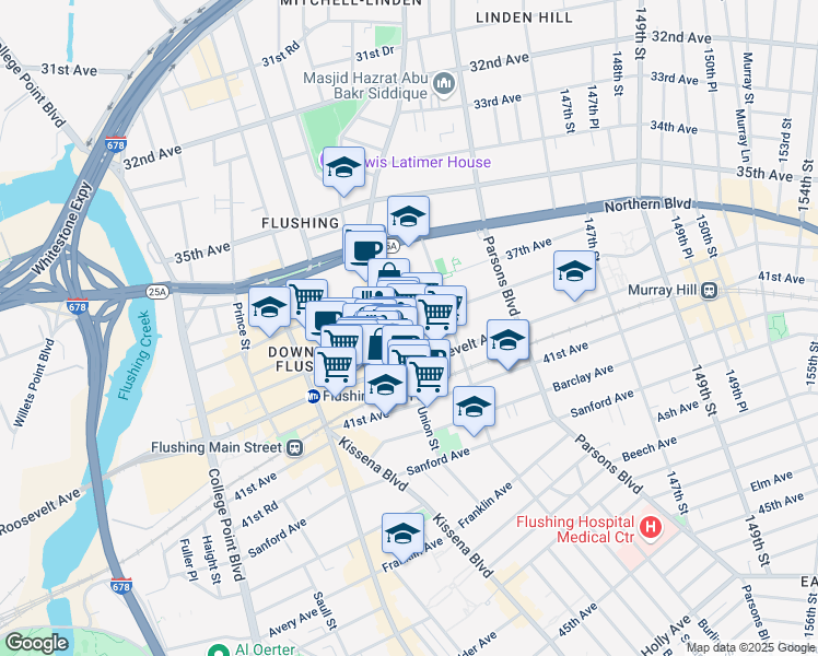 map of restaurants, bars, coffee shops, grocery stores, and more near 142-18 38th Avenue in Queens