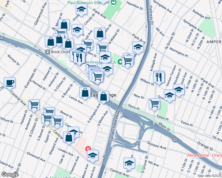 map of restaurants, bars, coffee shops, grocery stores, and more near 44 City Hall Plaza in East Orange