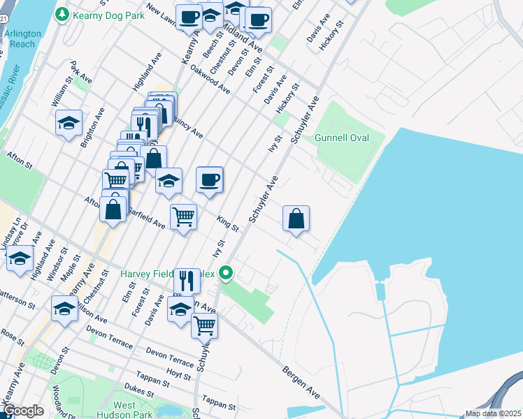 map of restaurants, bars, coffee shops, grocery stores, and more near 358 Schuyler Avenue in Kearny