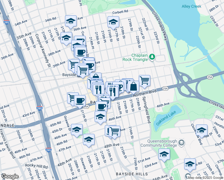 map of restaurants, bars, coffee shops, grocery stores, and more near 215-10 43rd Avenue in Queens
