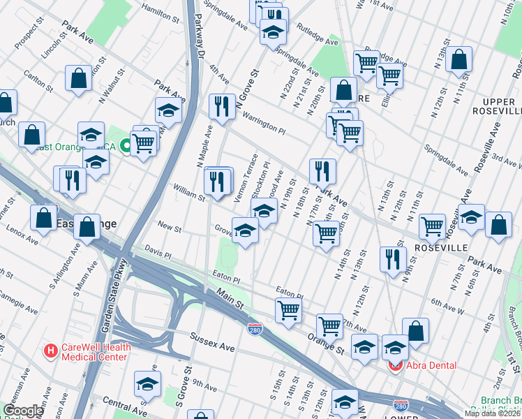 map of restaurants, bars, coffee shops, grocery stores, and more near 136 William Street in East Orange