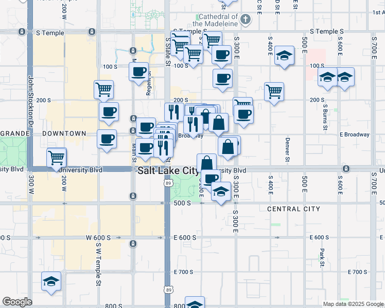 map of restaurants, bars, coffee shops, grocery stores, and more near 350 South 200 East in Salt Lake City