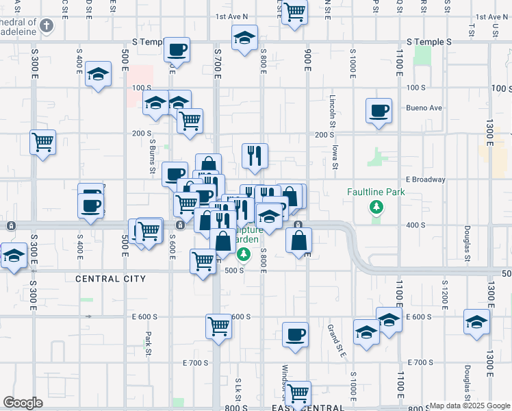 map of restaurants, bars, coffee shops, grocery stores, and more near 348 South 800 East in Salt Lake City