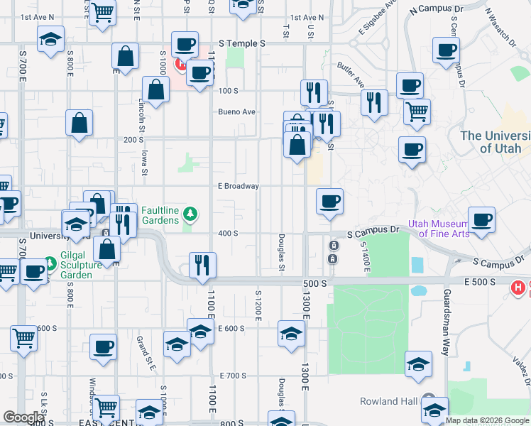 map of restaurants, bars, coffee shops, grocery stores, and more near 1203 East 400 South in Salt Lake City