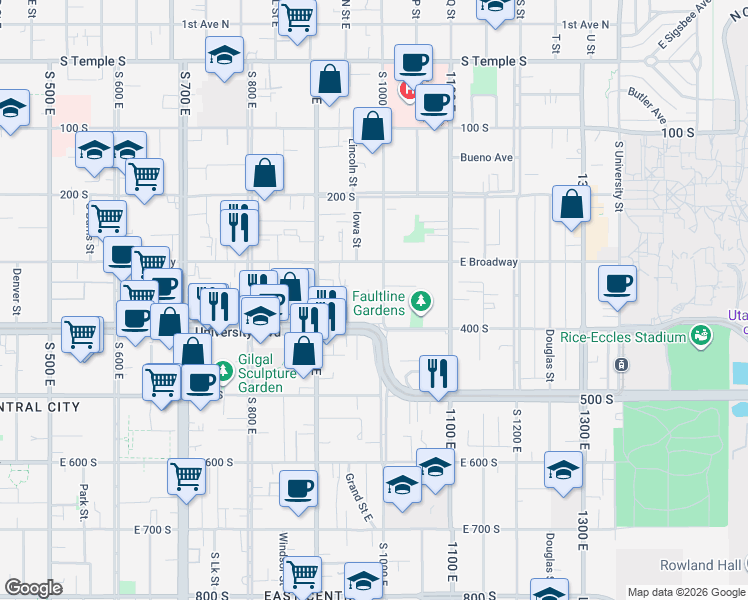map of restaurants, bars, coffee shops, grocery stores, and more near 374 South 1000 East in Salt Lake City