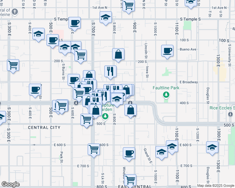 map of restaurants, bars, coffee shops, grocery stores, and more near 837 East 400 South in Salt Lake City