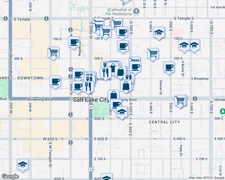 map of restaurants, bars, coffee shops, grocery stores, and more near in Salt Lake City