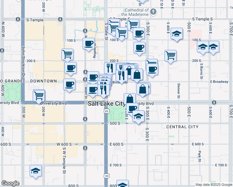map of restaurants, bars, coffee shops, grocery stores, and more near 175 East 400 South in Salt Lake City