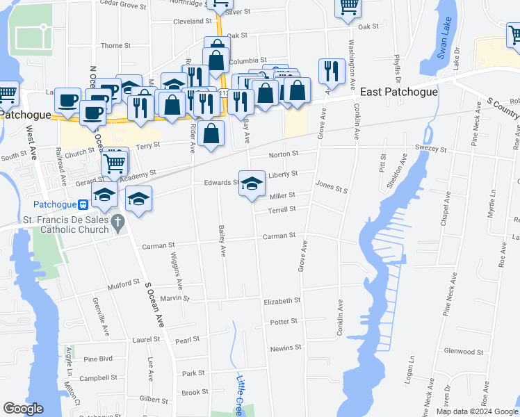 map of restaurants, bars, coffee shops, grocery stores, and more near 129 Bay Avenue in Patchogue