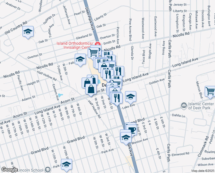 map of restaurants, bars, coffee shops, grocery stores, and more near 714 Long Island Avenue in Deer Park