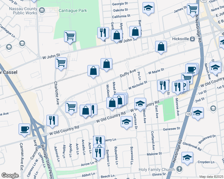 map of restaurants, bars, coffee shops, grocery stores, and more near 49 McAlester Avenue in Hicksville