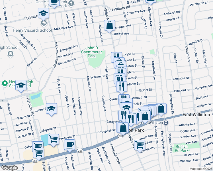 map of restaurants, bars, coffee shops, grocery stores, and more near 182 Park Avenue in Williston Park