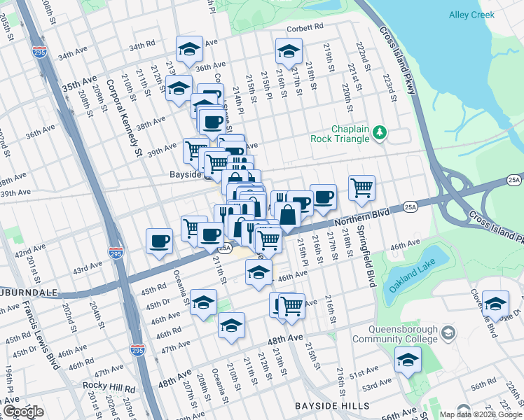 map of restaurants, bars, coffee shops, grocery stores, and more near in Queens