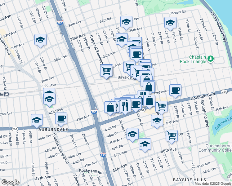 map of restaurants, bars, coffee shops, grocery stores, and more near 42-41 Corporal Kennedy Street in Queens