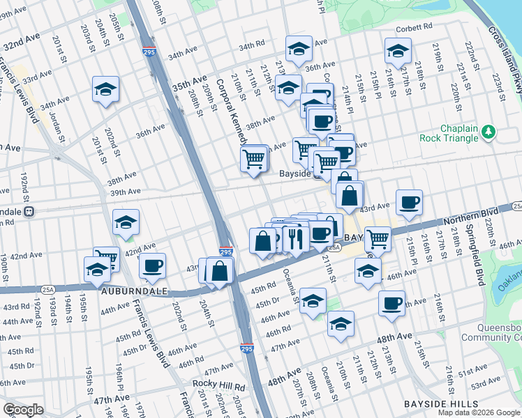 map of restaurants, bars, coffee shops, grocery stores, and more near 42-20 209th Street in Queens