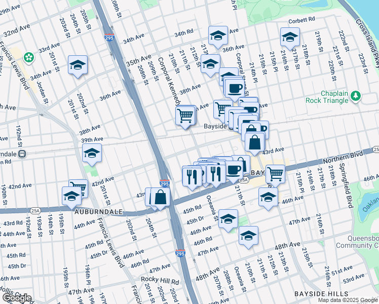 map of restaurants, bars, coffee shops, grocery stores, and more near 42-20 209th Street in Queens