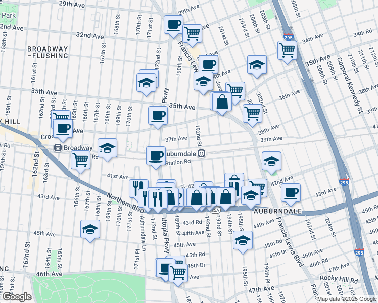 map of restaurants, bars, coffee shops, grocery stores, and more near 19067 Station Road in Queens