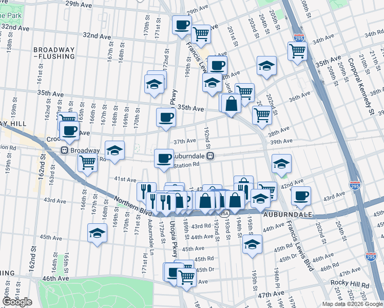 map of restaurants, bars, coffee shops, grocery stores, and more near 19067 Station Road in Queens