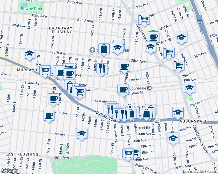 map of restaurants, bars, coffee shops, grocery stores, and more near 40-03 170th Street in Queens