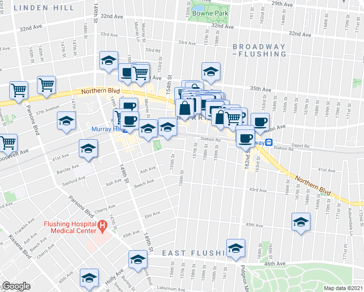 map of restaurants, bars, coffee shops, grocery stores, and more near 156-12 Sanford Avenue in Queens