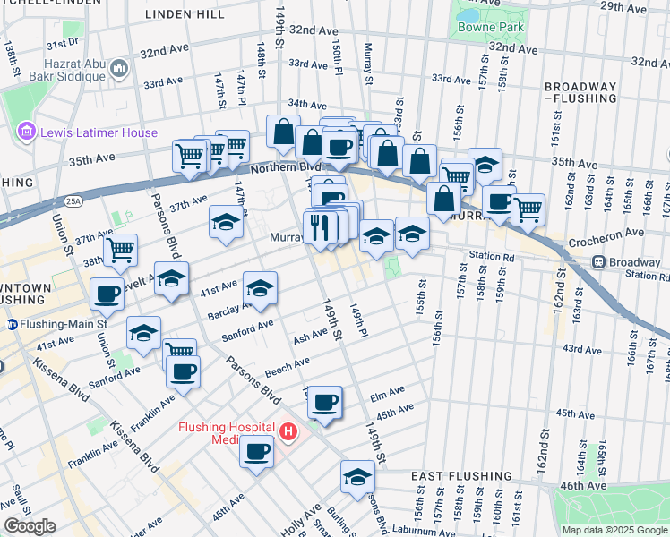 map of restaurants, bars, coffee shops, grocery stores, and more near 41-39 149th Street in Queens