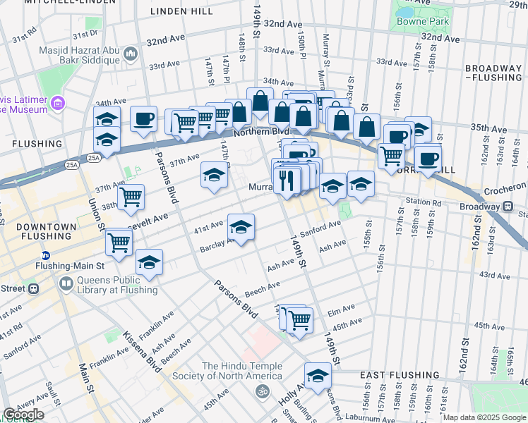map of restaurants, bars, coffee shops, grocery stores, and more near 147-31 Barclay Avenue in Queens