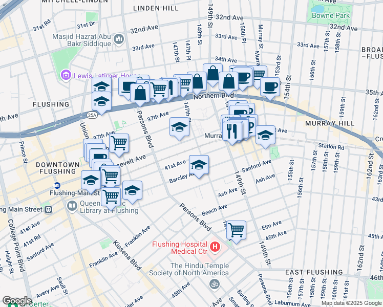 map of restaurants, bars, coffee shops, grocery stores, and more near 144-62 41st Avenue in Queens