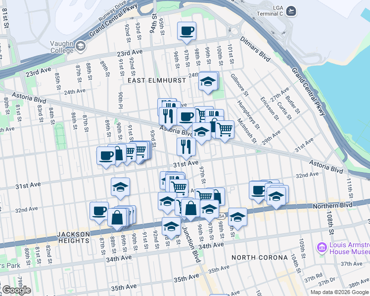 map of restaurants, bars, coffee shops, grocery stores, and more near 26-57 95th Street in Queens