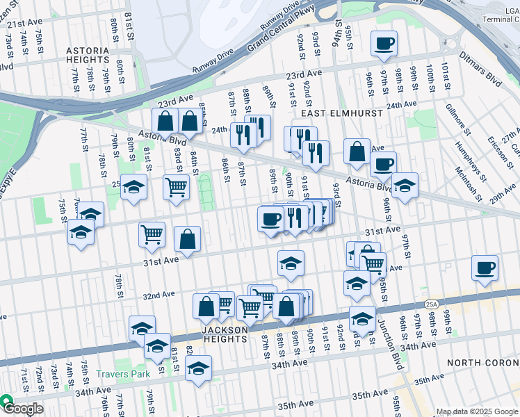 map of restaurants, bars, coffee shops, grocery stores, and more near 30-26 88th Street in Queens