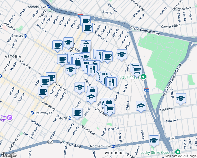 map of restaurants, bars, coffee shops, grocery stores, and more near in Queens