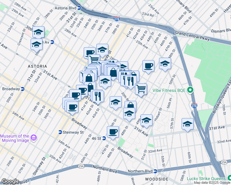 map of restaurants, bars, coffee shops, grocery stores, and more near 30-49 44th Street in Queens