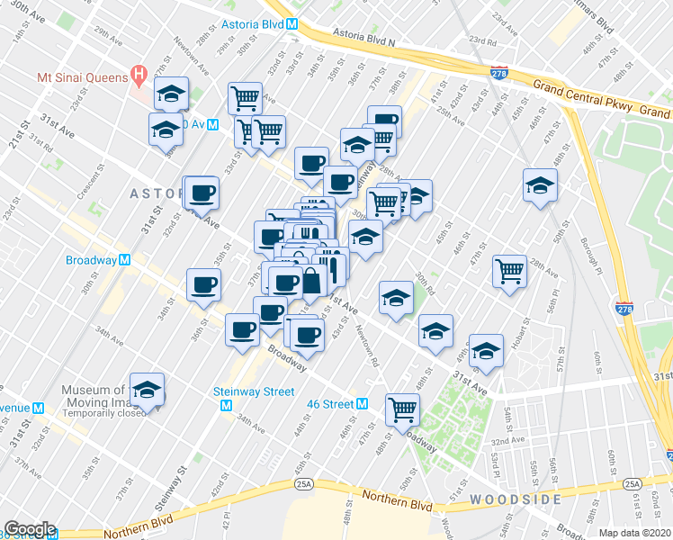 map of restaurants, bars, coffee shops, grocery stores, and more near 30-92 42nd Street in Queens
