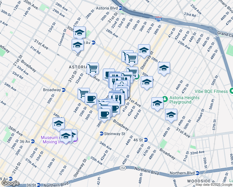 map of restaurants, bars, coffee shops, grocery stores, and more near 31-28 38th Street in Queens