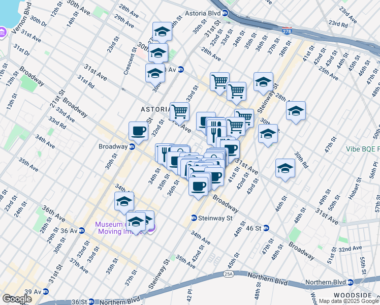 map of restaurants, bars, coffee shops, grocery stores, and more near 31-48 37th Street in Queens