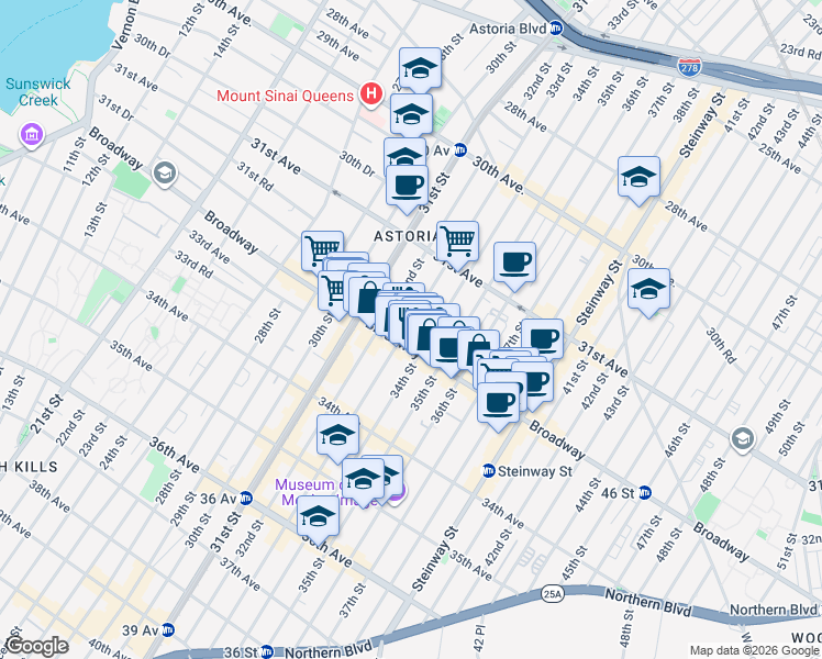 map of restaurants, bars, coffee shops, grocery stores, and more near in Queens