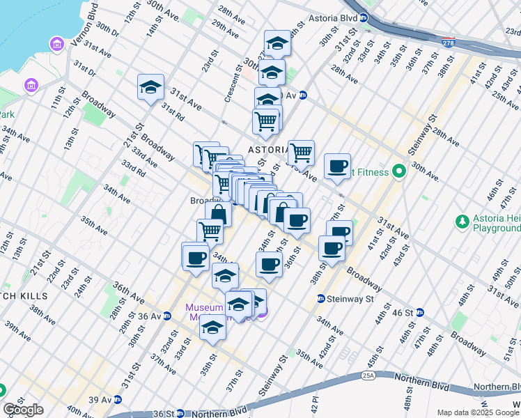 map of restaurants, bars, coffee shops, grocery stores, and more near 32-14 33rd Street in Queens