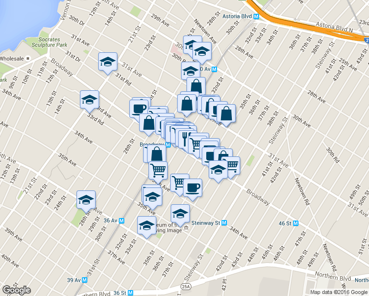 map of restaurants, bars, coffee shops, grocery stores, and more near 32-14 33rd Street in Queens