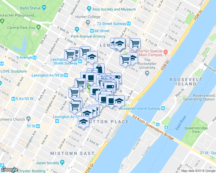 map of restaurants, bars, coffee shops, grocery stores, and more near 330 East 61st Street in New York