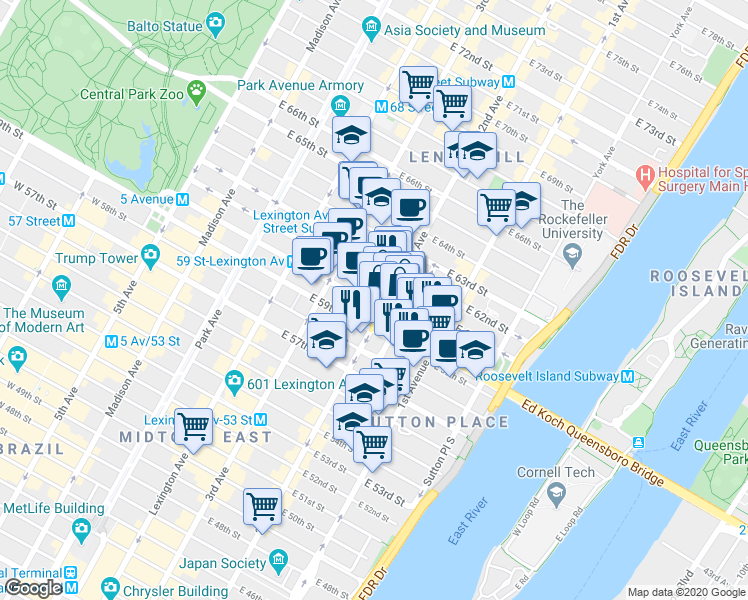 map of restaurants, bars, coffee shops, grocery stores, and more near 264 East 61st Street in New York