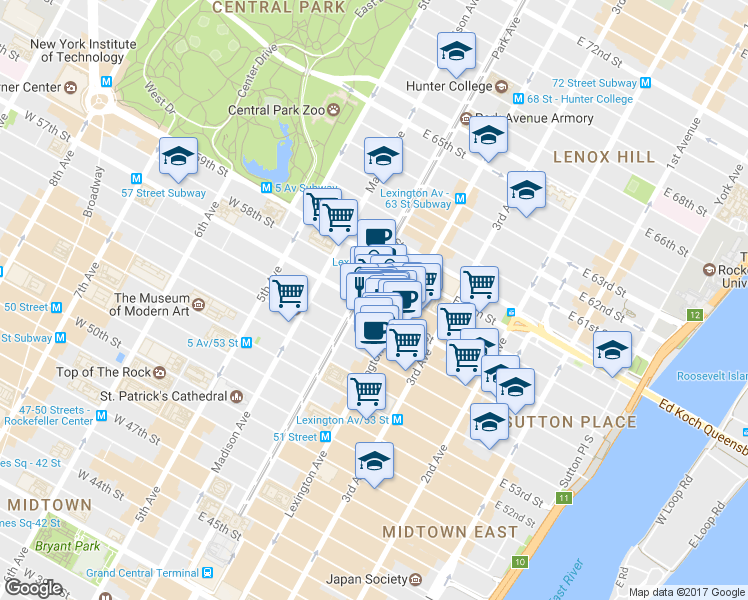 map of restaurants, bars, coffee shops, grocery stores, and more near 445 Park Avenue in New York